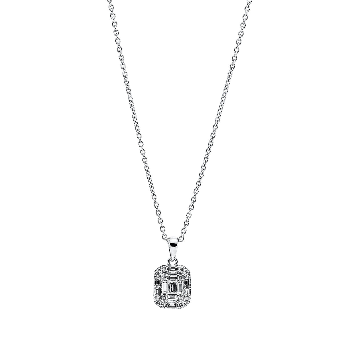 diamond full cut  baguette illusion necklace in white gold