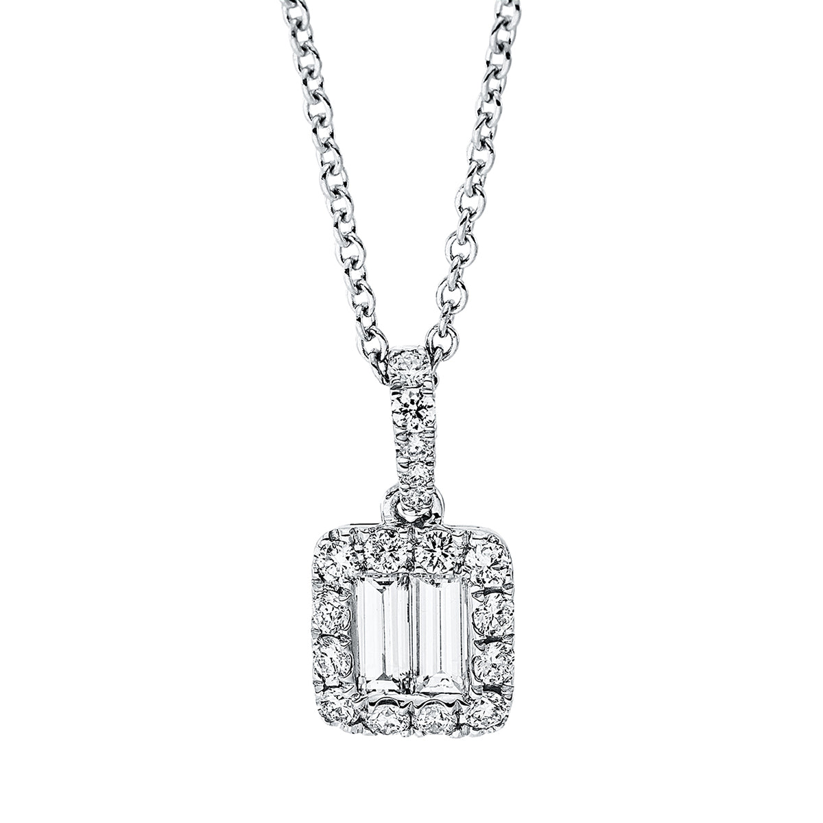 diamond full cut  baguette illusion necklace in white gold