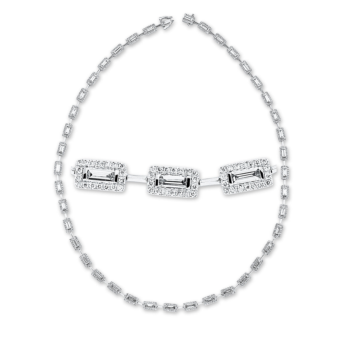 diamond full cut  baguette necklace in white gold