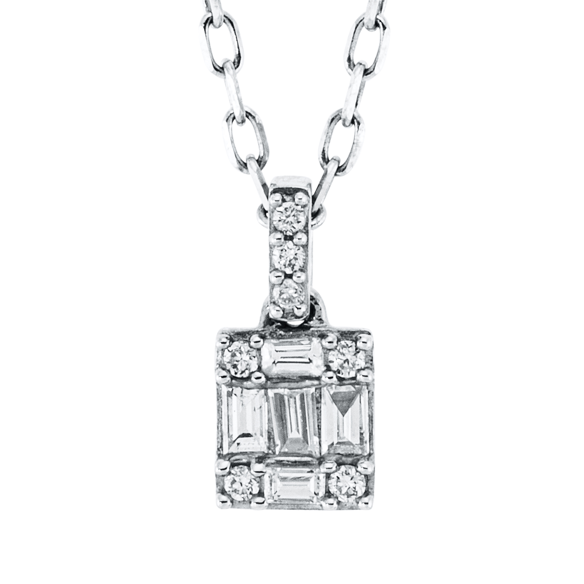 diamond full cut  baguette illusion necklace in white gold