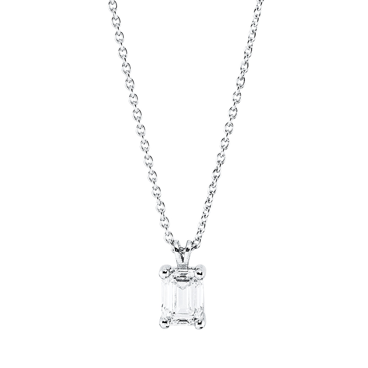 emerald cut  solitaire necklace in white gold
