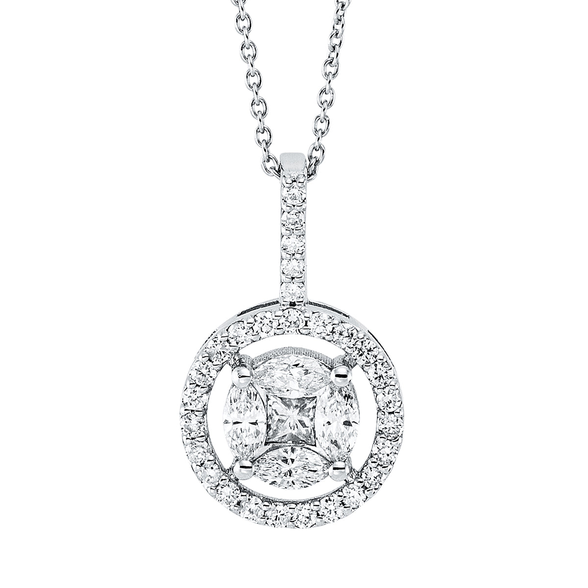 diamond full cut  illusion classic necklace in white gold