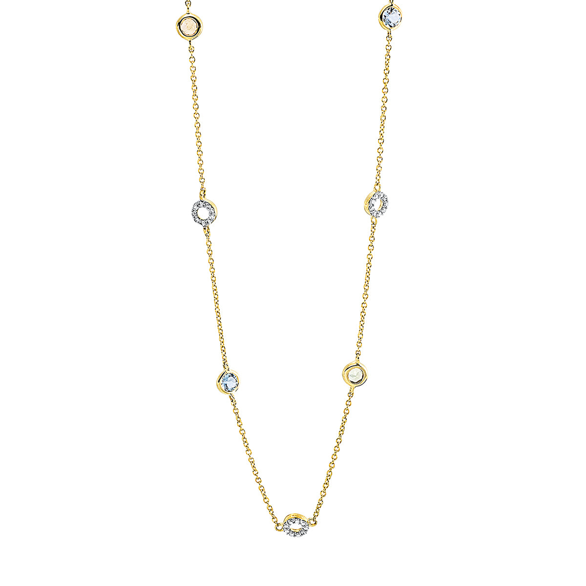 diamond full cut aquamarine colored stone fashion necklace in yellow gold