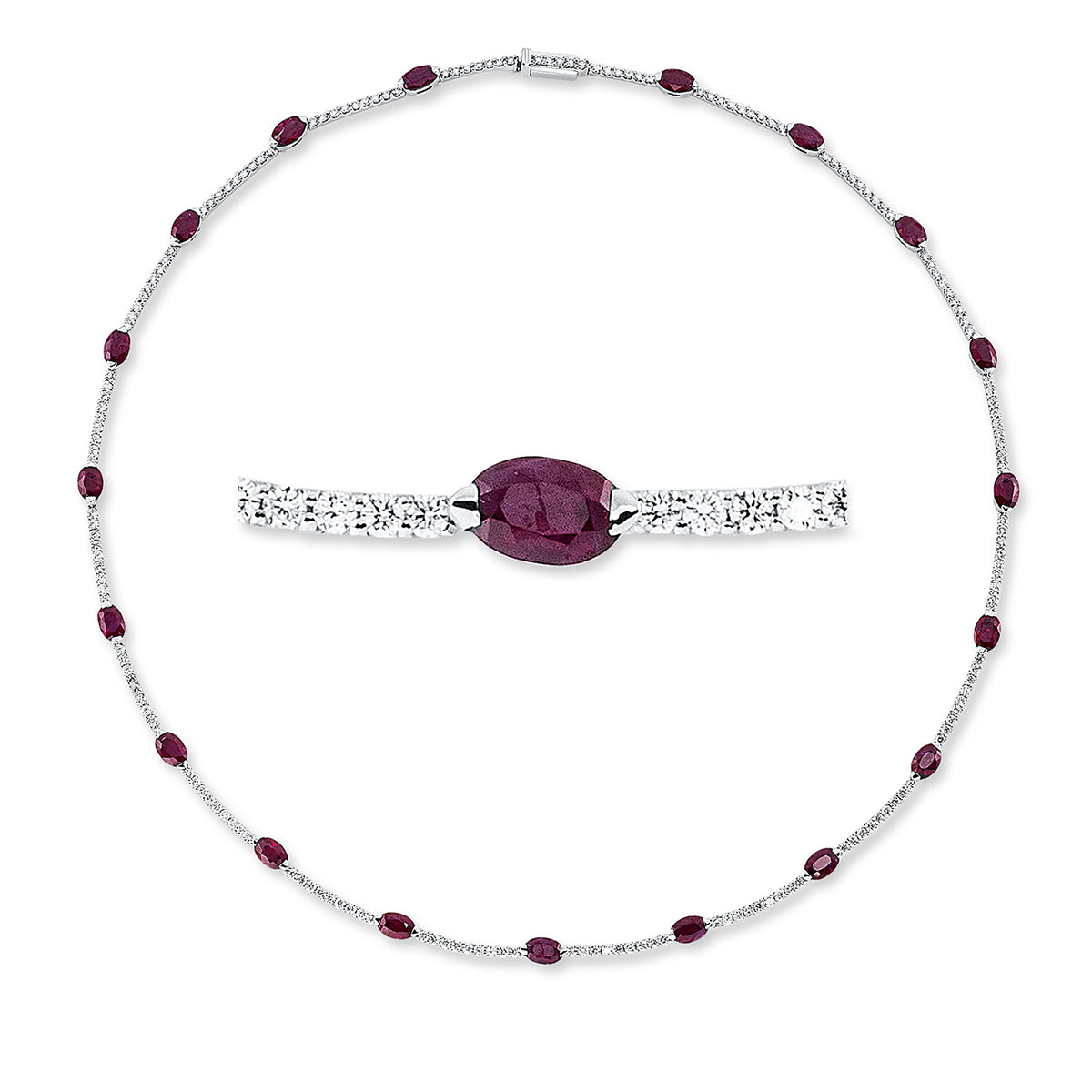 diamond full cut ruby colored stone classic necklace in white gold