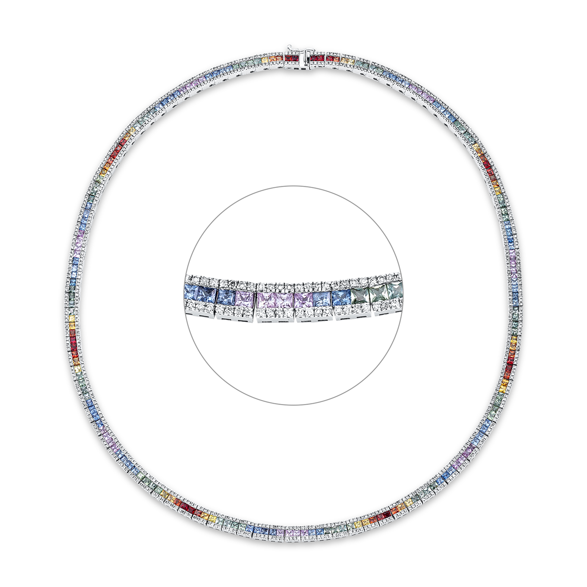 diamond full cut sapphire rainbow & multicolor necklace in white gold