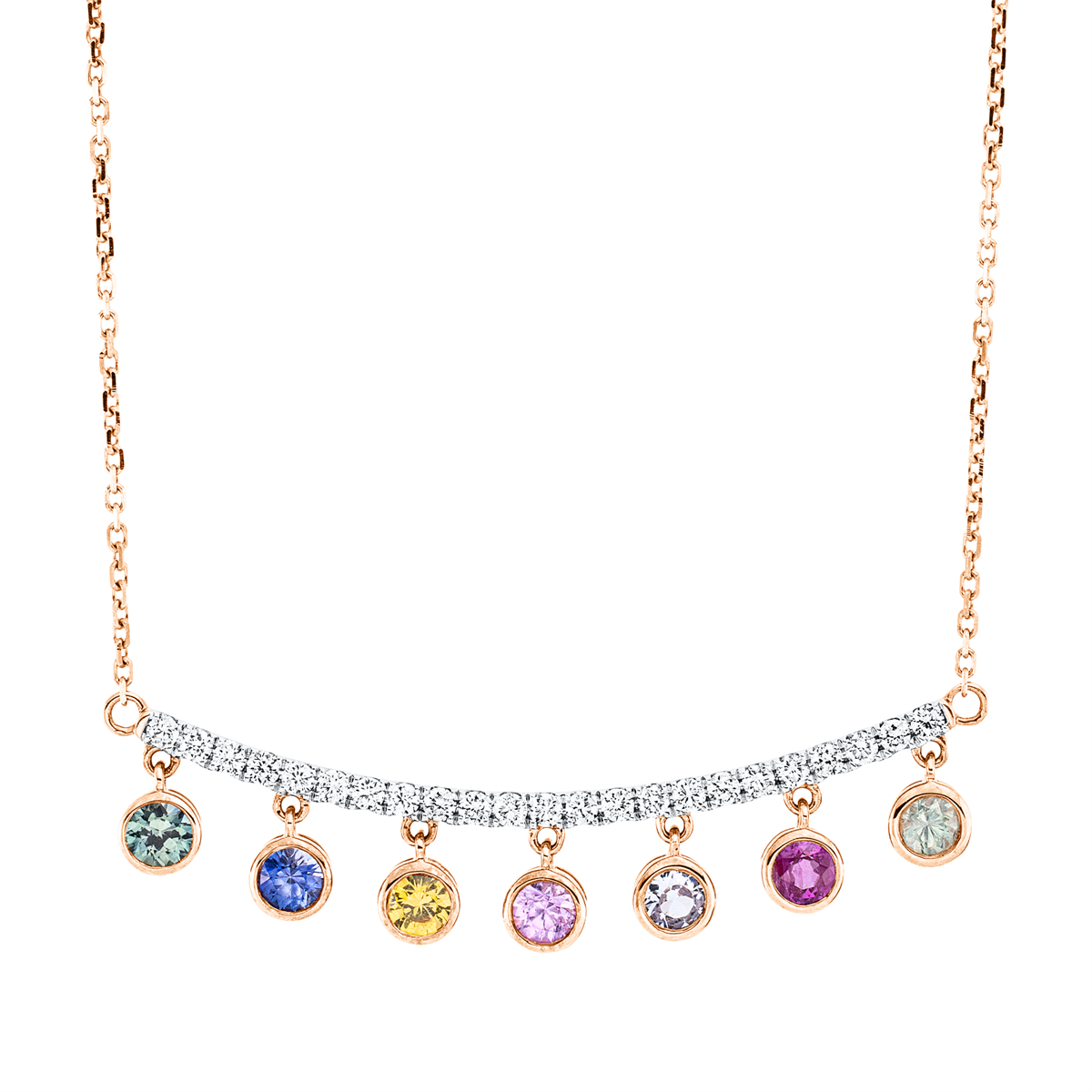 diamond full cut sapphire rainbow & multicolor necklace in red gold / white gold
