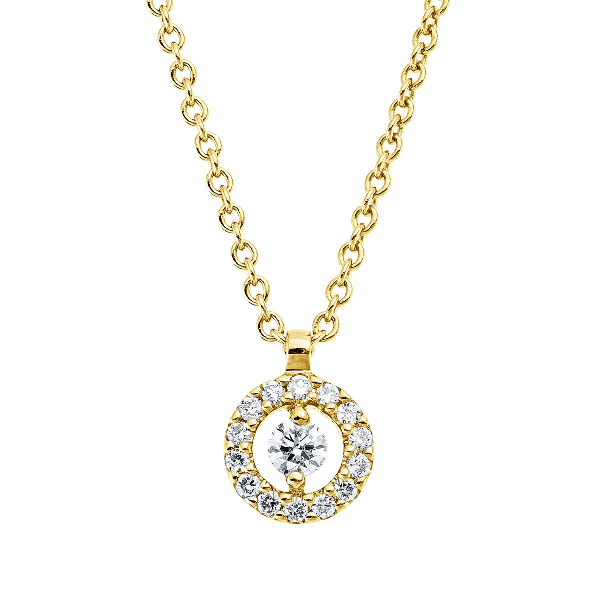diamond full cut  solitaire with accent stones necklace in yellow gold