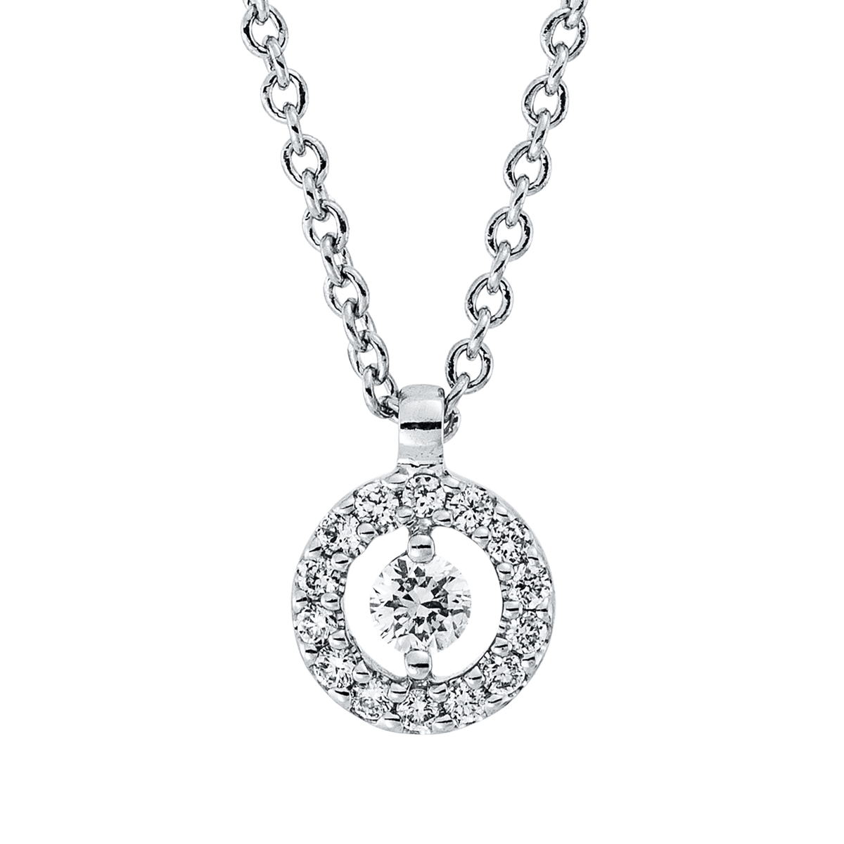 diamond full cut  solitaire with accent stones necklace in white gold