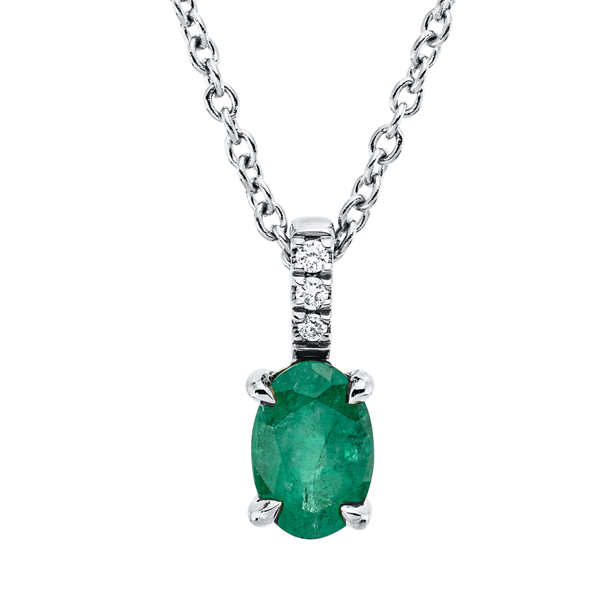 diamond full cut emerald colored stone classic necklace in white gold