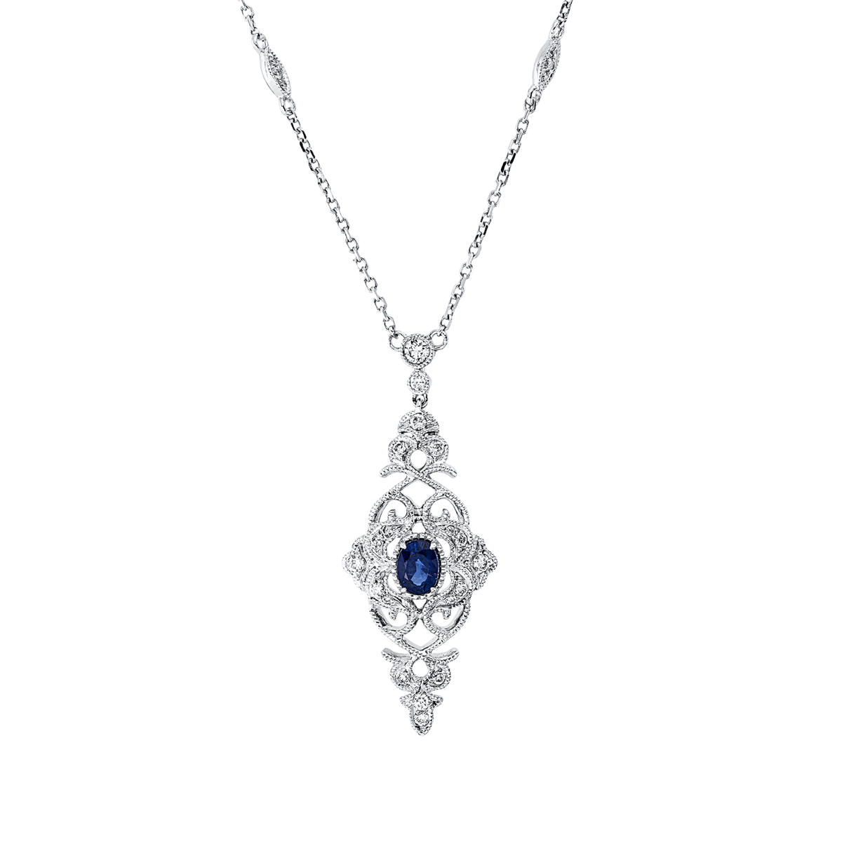 diamond full cut sapphire colored stone classic necklace in white gold