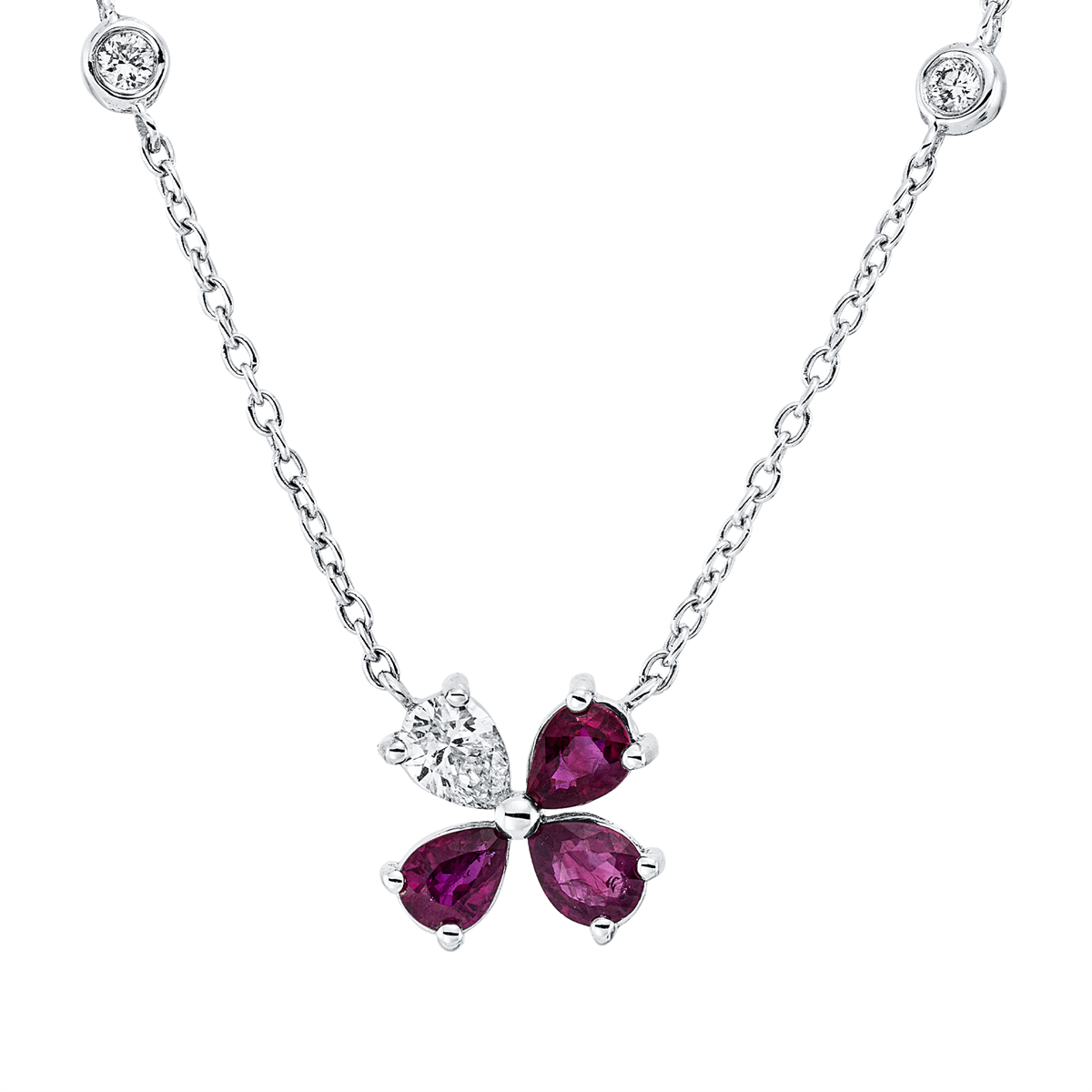 diamond full cut ruby colored stone classic necklace in white gold