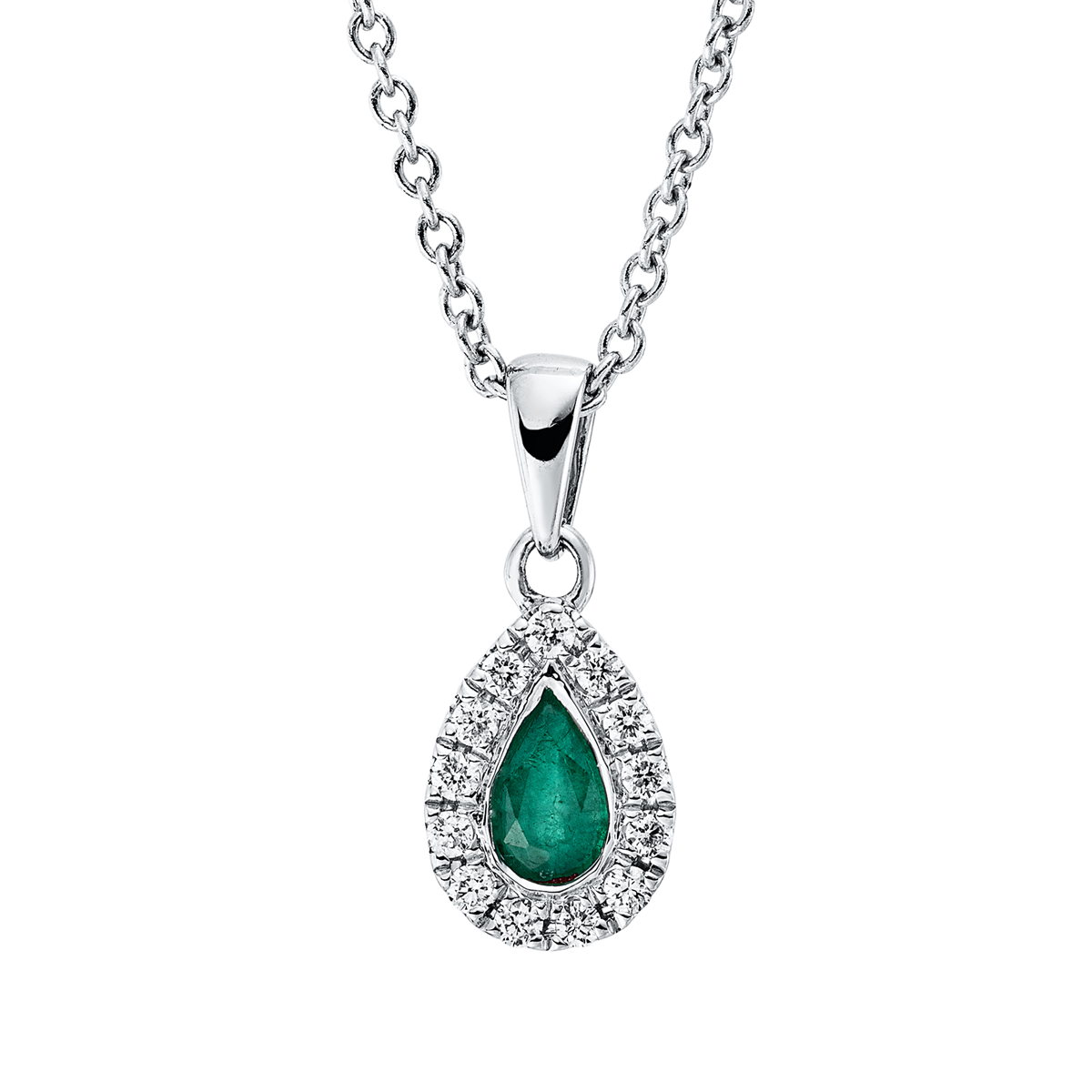 diamond full cut emerald colored stone classic necklace in white gold