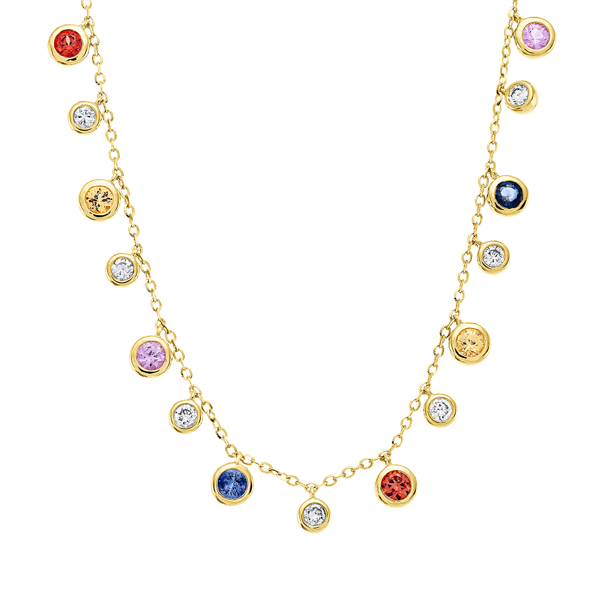 diamond full cut sapphire rainbow & multicolor necklace in yellow gold