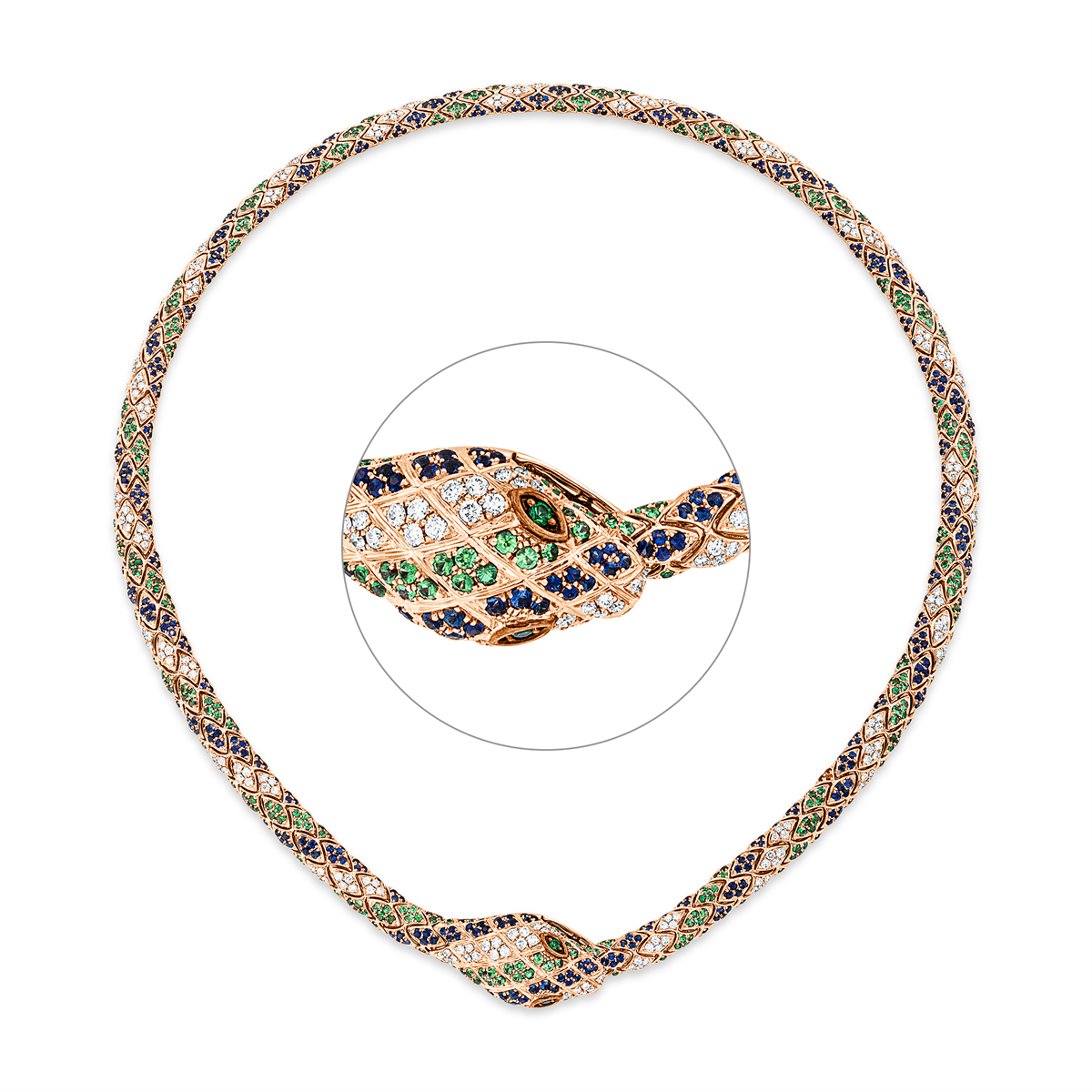 diamond full cut sapphire animal necklace in red gold