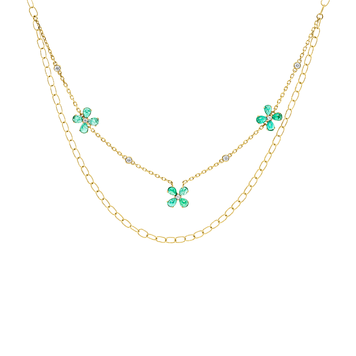 diamond full cut emerald colored stone classic necklace in yellow gold