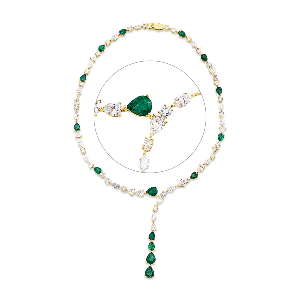 fantasy-cut emerald colored stone classic necklace in yellow gold