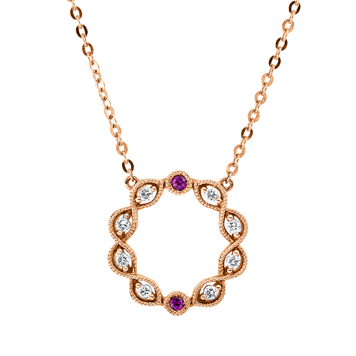 diamond full cut ruby colored stone classic necklace in red gold