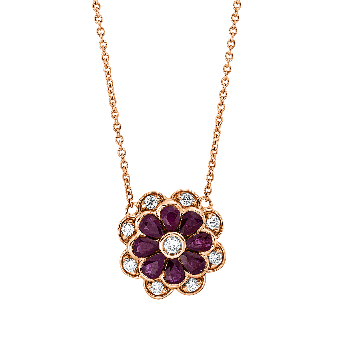 diamond full cut ruby colored stone classic necklace in red gold