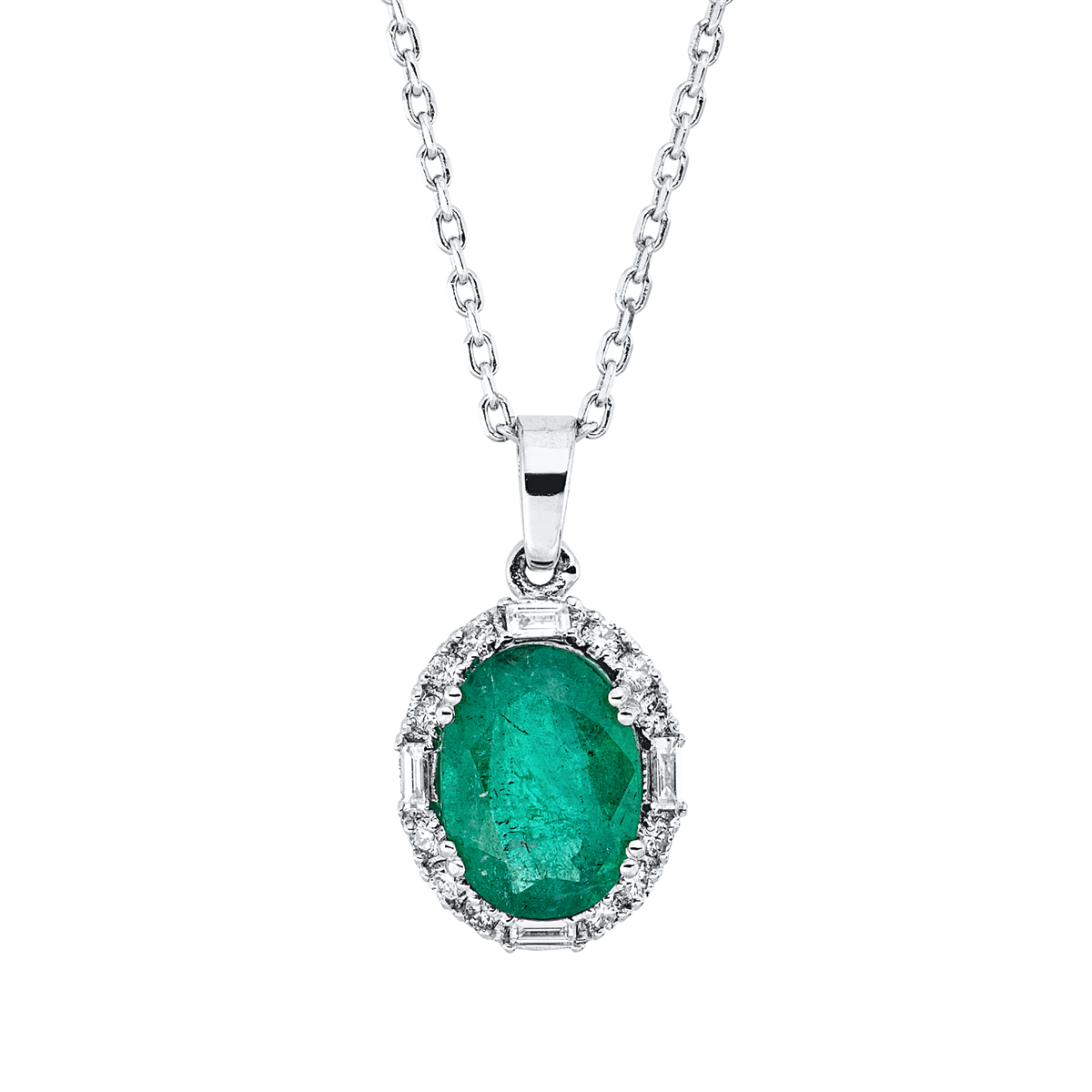 diamond full cut emerald colored stone classic necklace in white gold