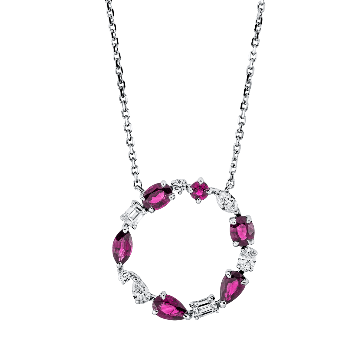 fantasy-cut ruby colored stone classic necklace in white gold