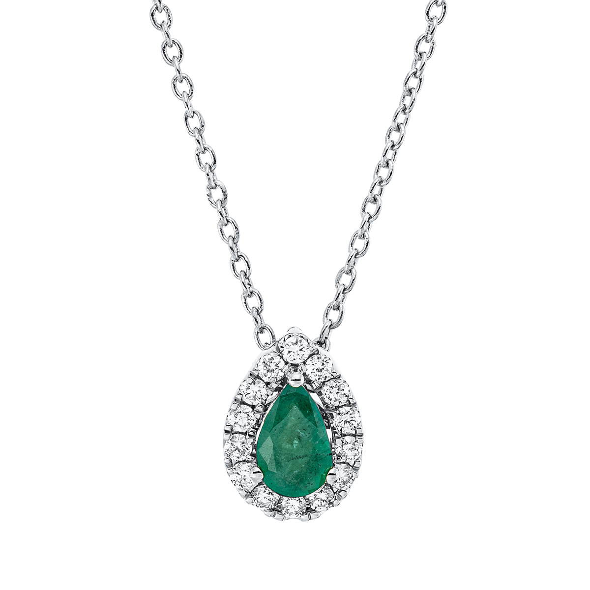 diamond full cut emerald colored stone classic necklace in white gold