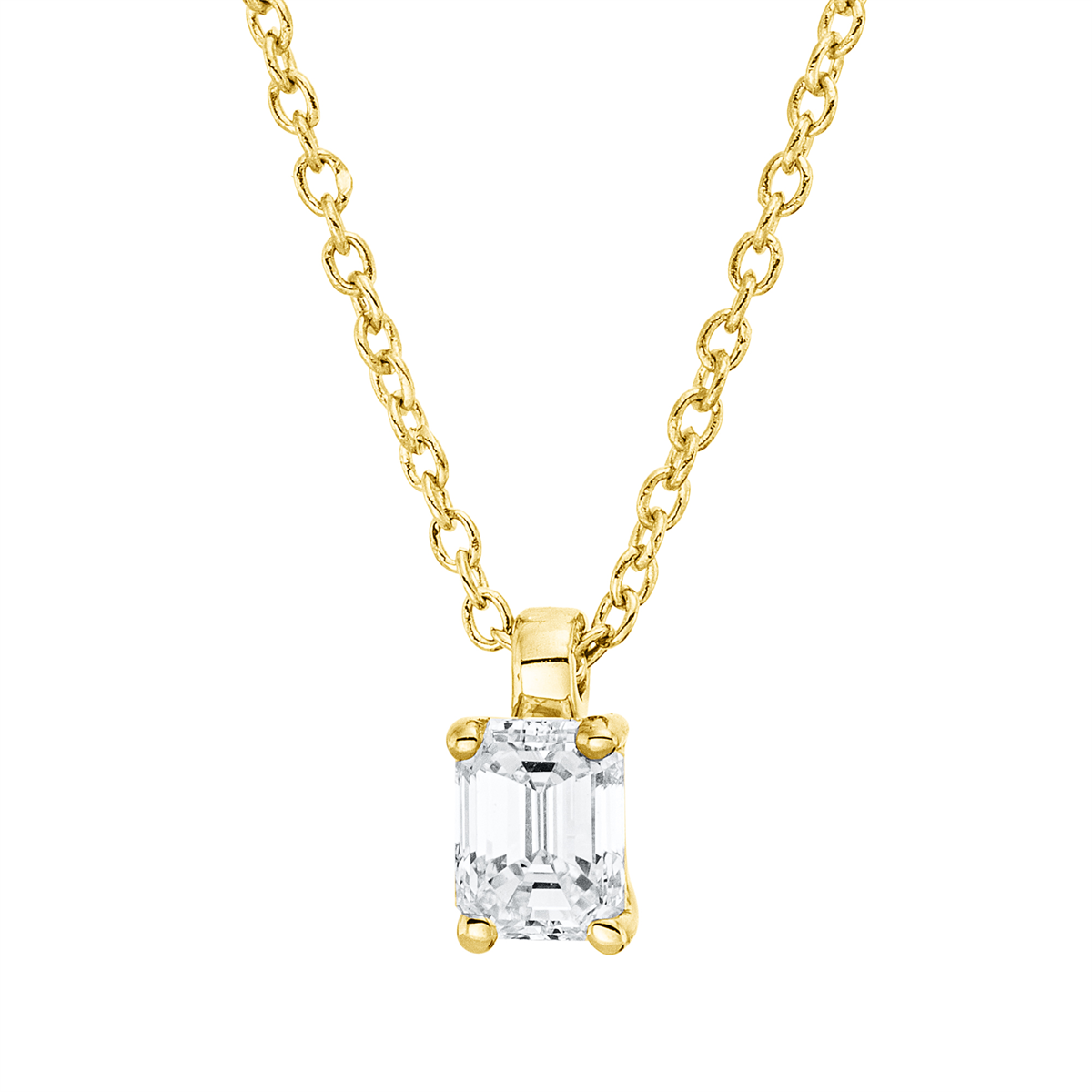 emerald cut  solitaire necklace in yellow gold