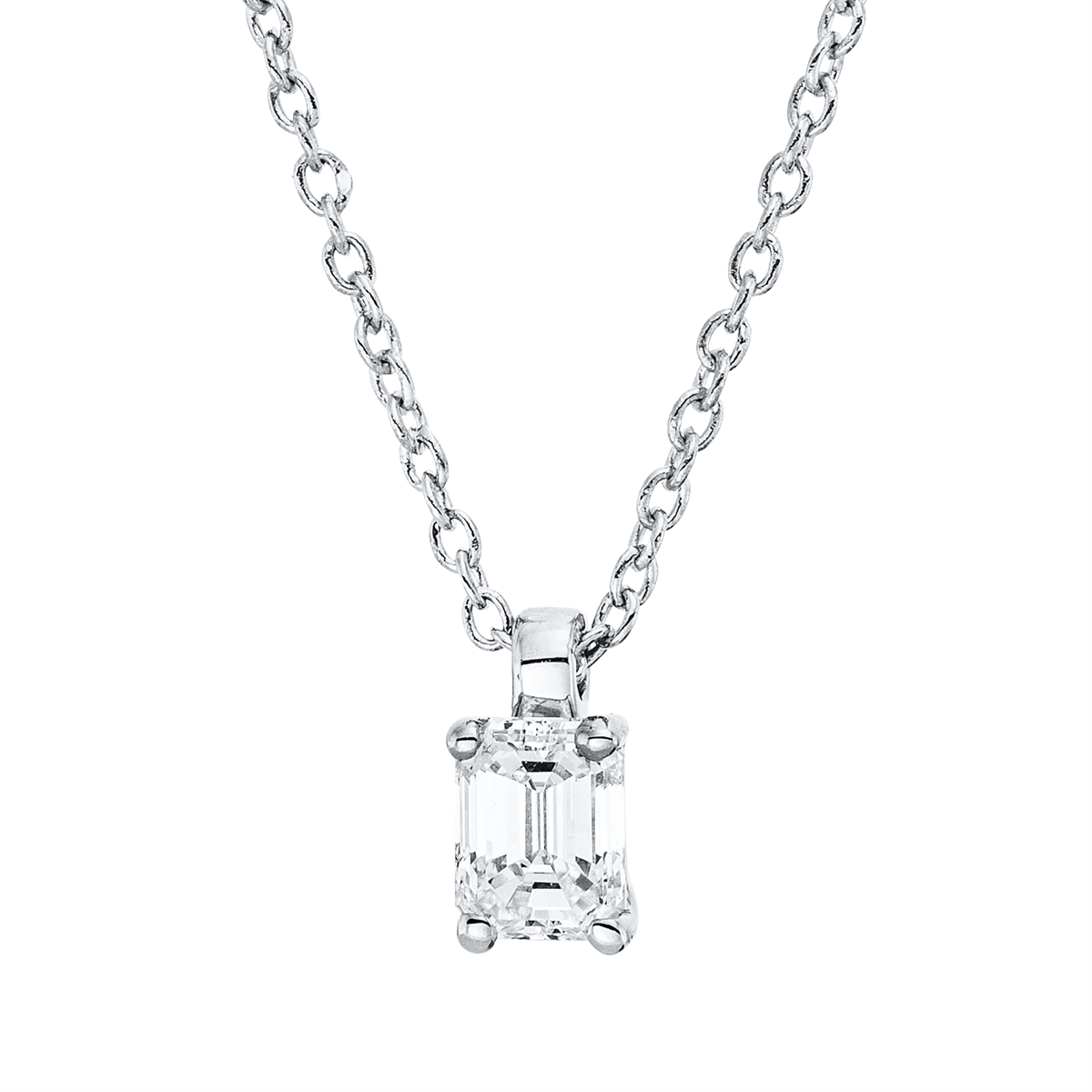 emerald cut  solitaire necklace in white gold