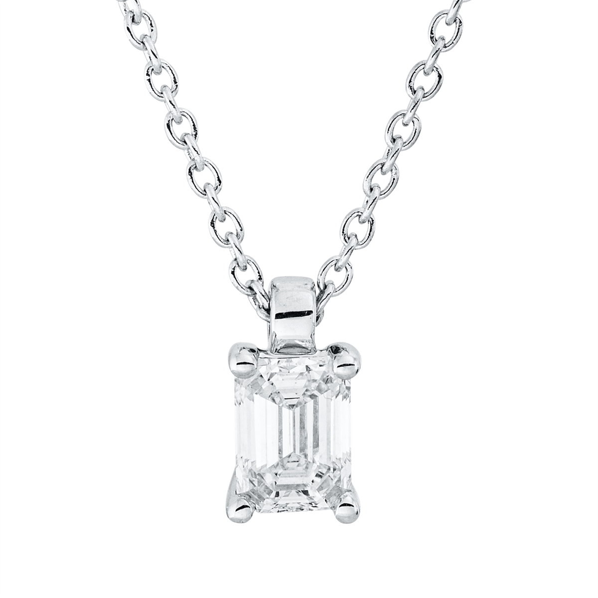 emerald cut  solitaire necklace in white gold