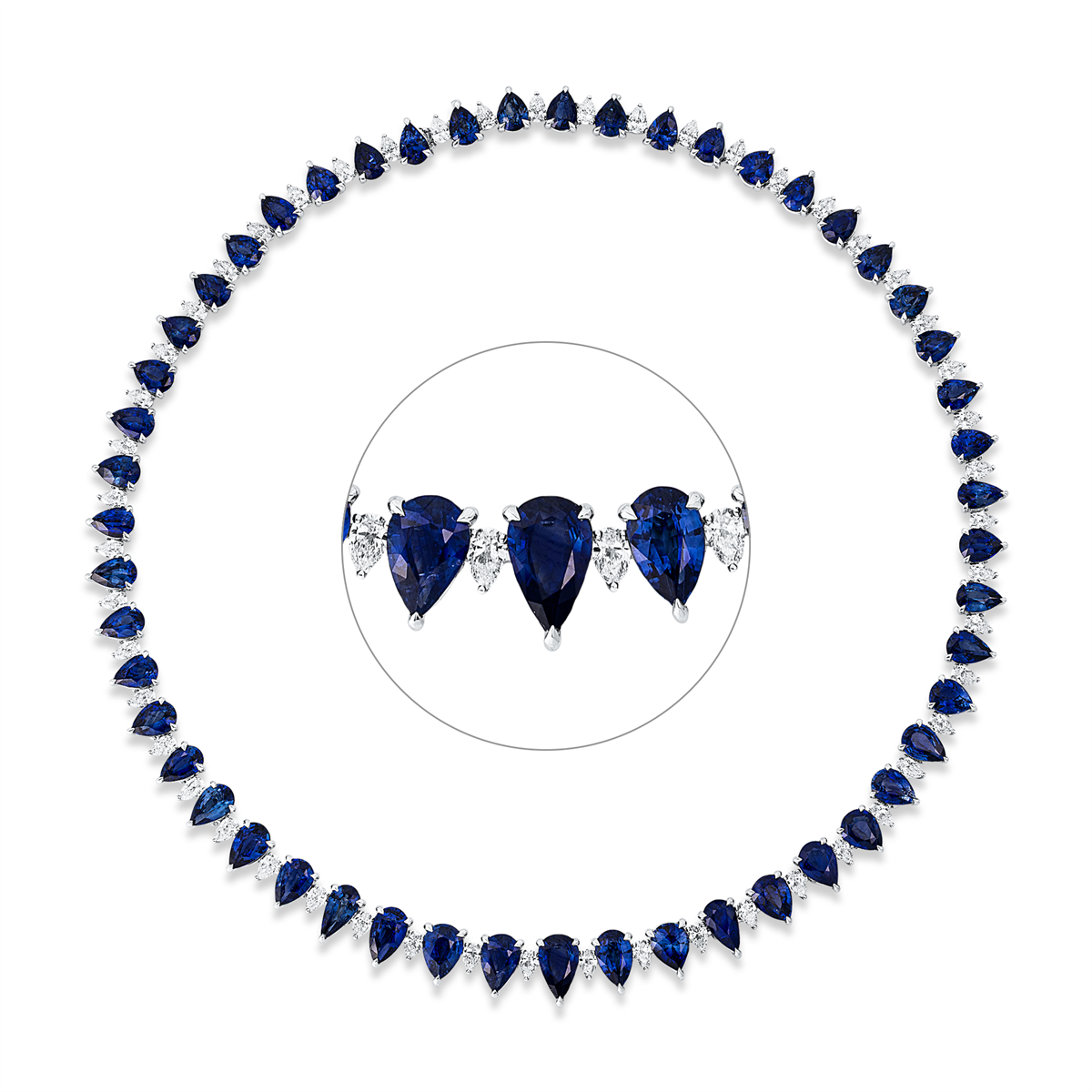 pear shape sapphire colored stone classic necklace in white gold
