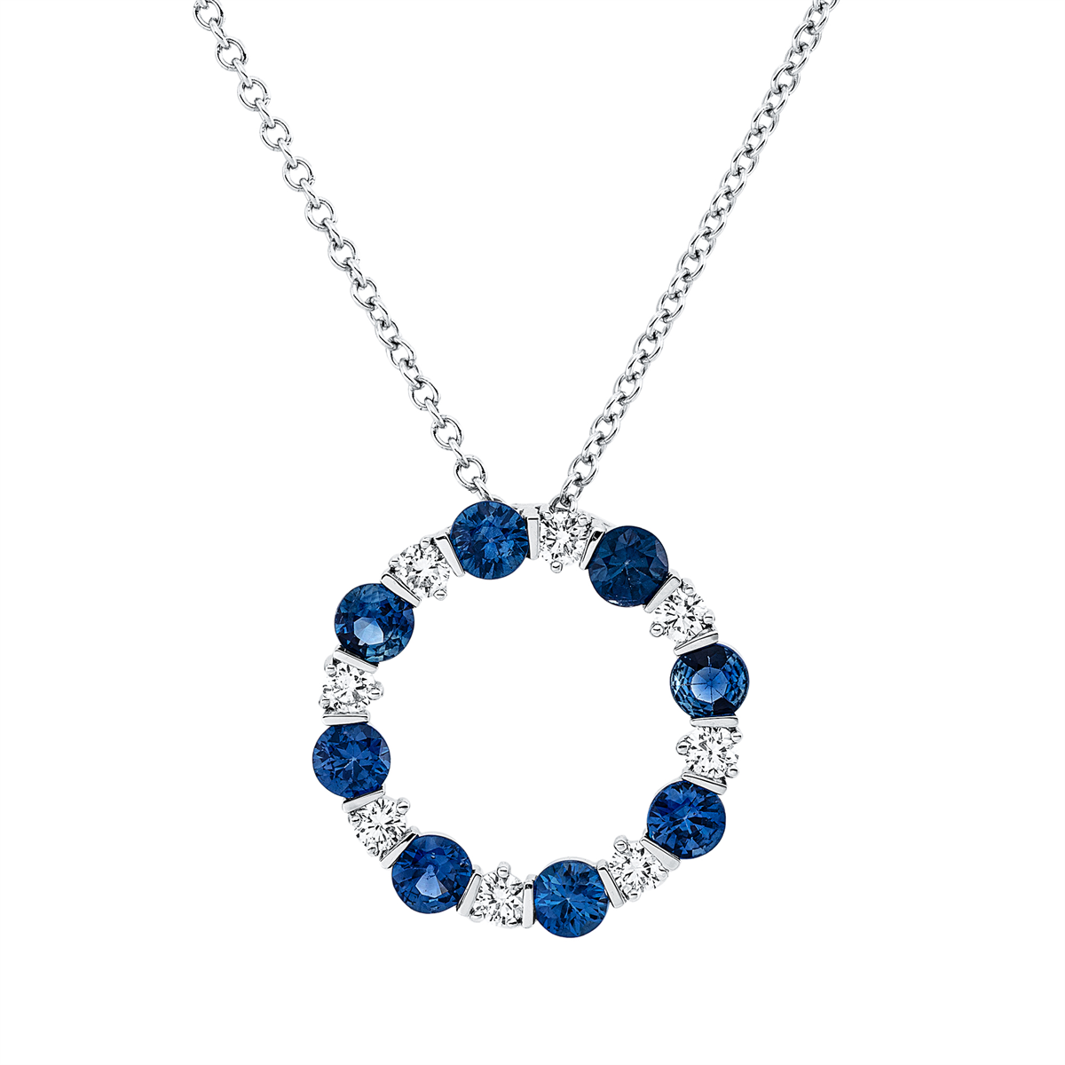 diamond full cut sapphire colored stone classic necklace in white gold