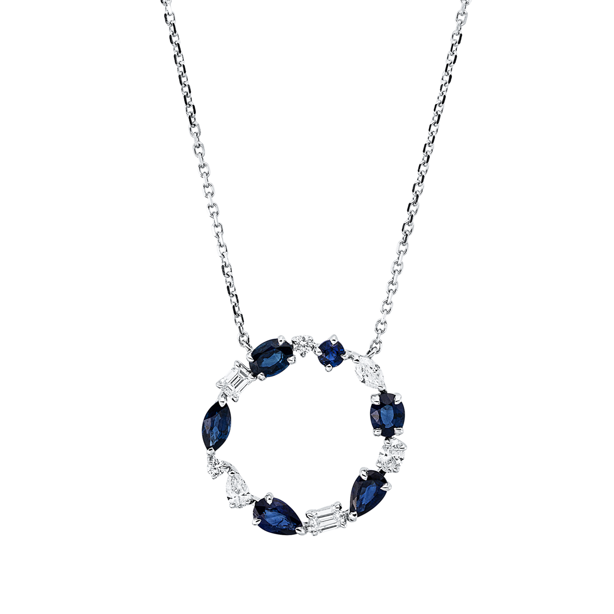 fantasy-cut sapphire colored stone classic necklace in white gold
