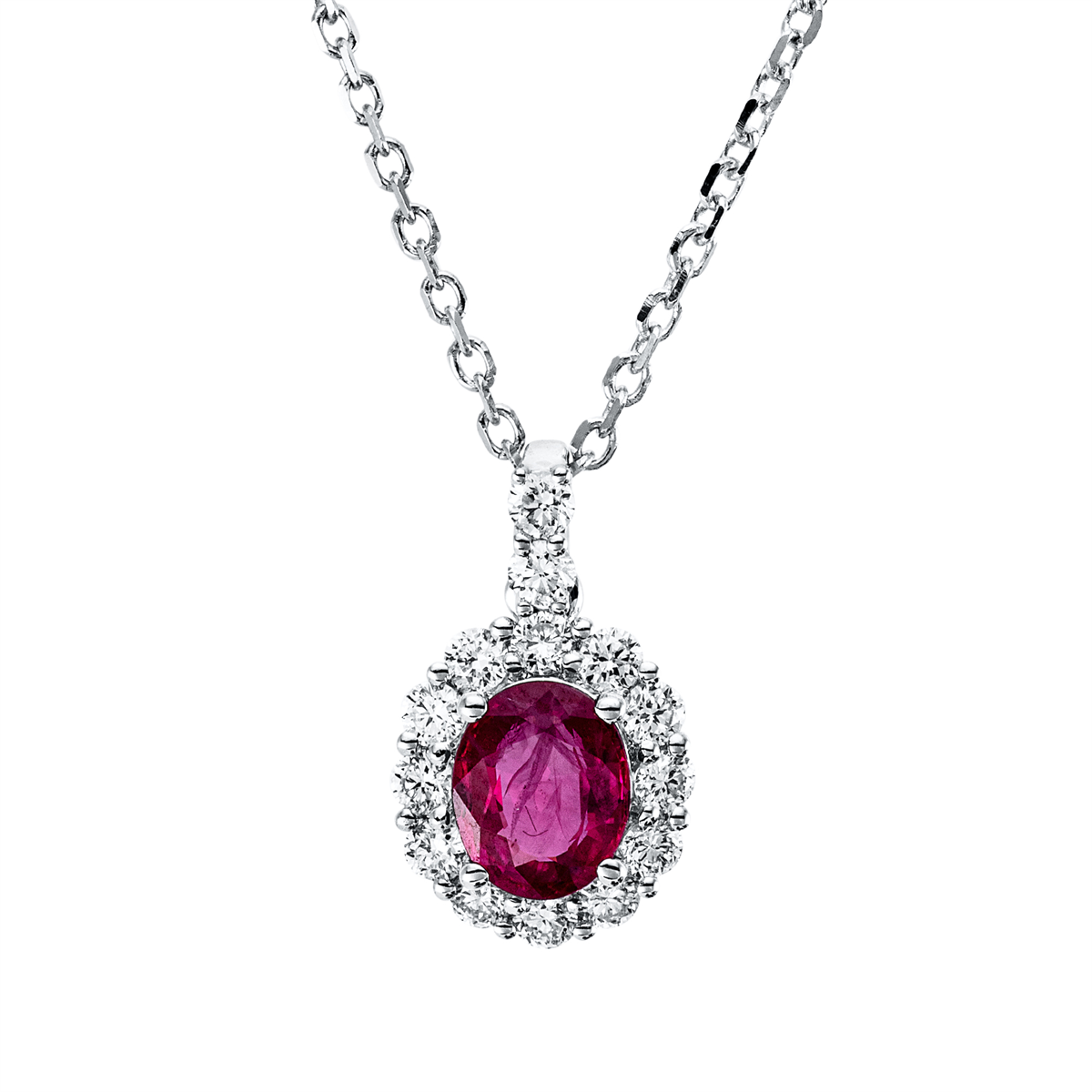 diamond full cut ruby colored stone classic necklace in white gold