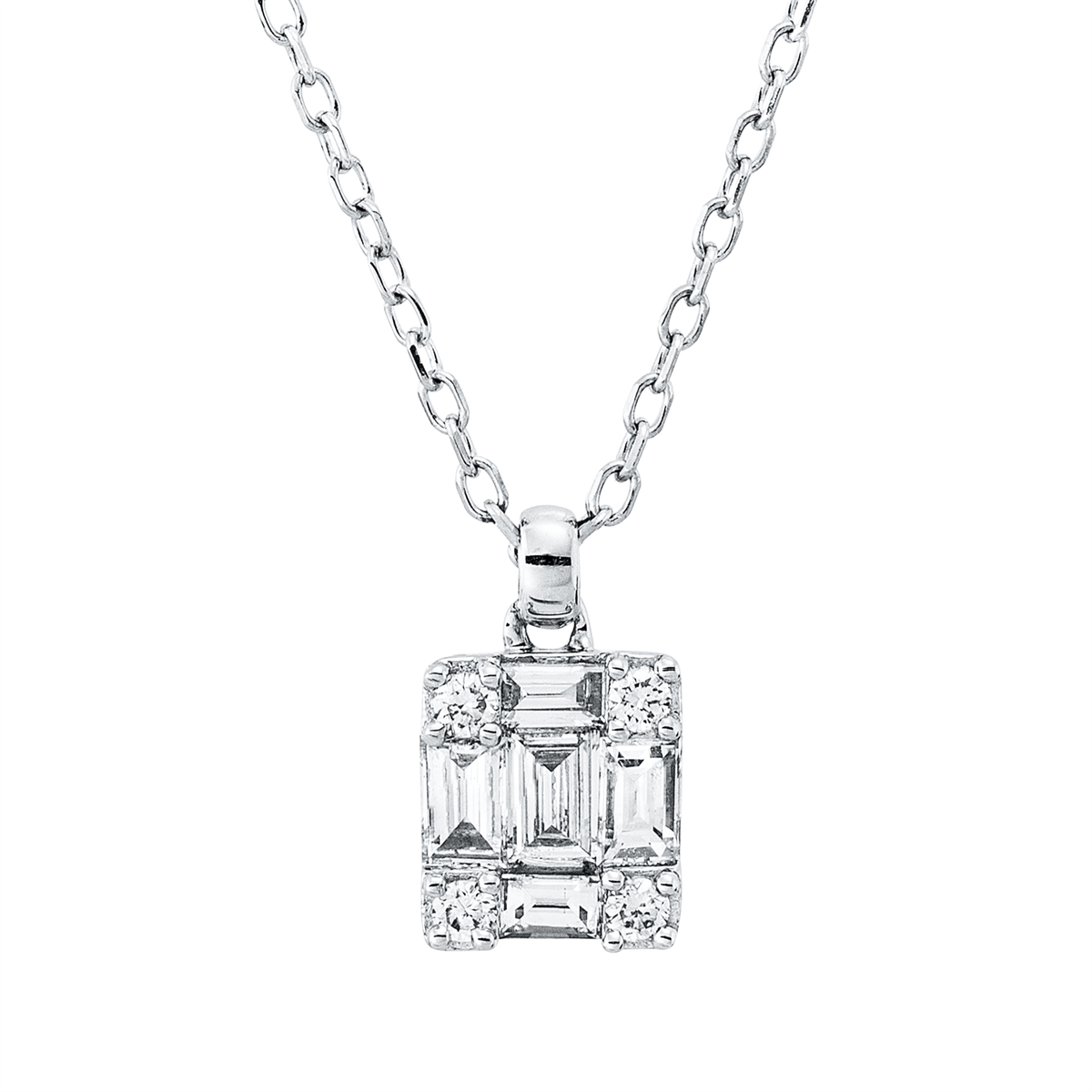 diamond full cut  baguette illusion necklace in white gold