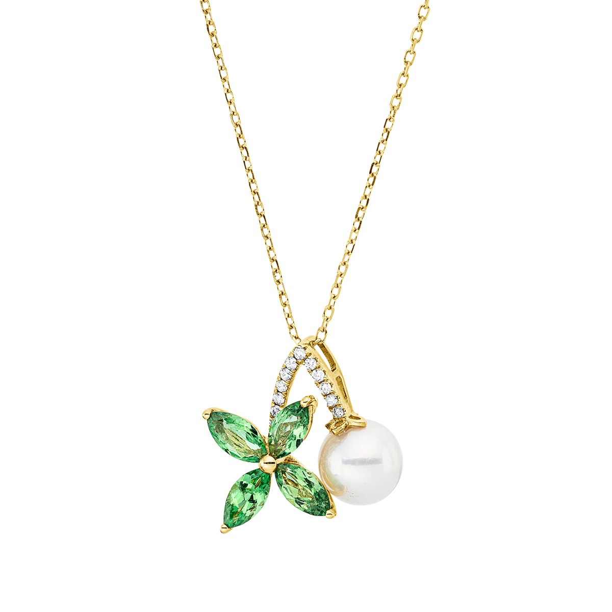 diamond full cut tsavorite pearl necklace in yellow gold