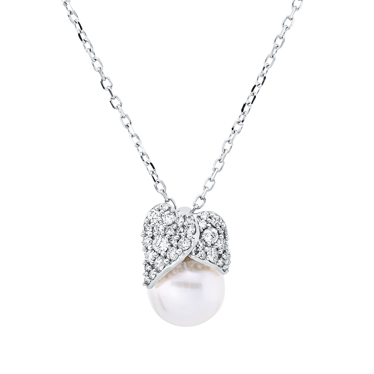 diamond full cut  pearl necklace in white gold