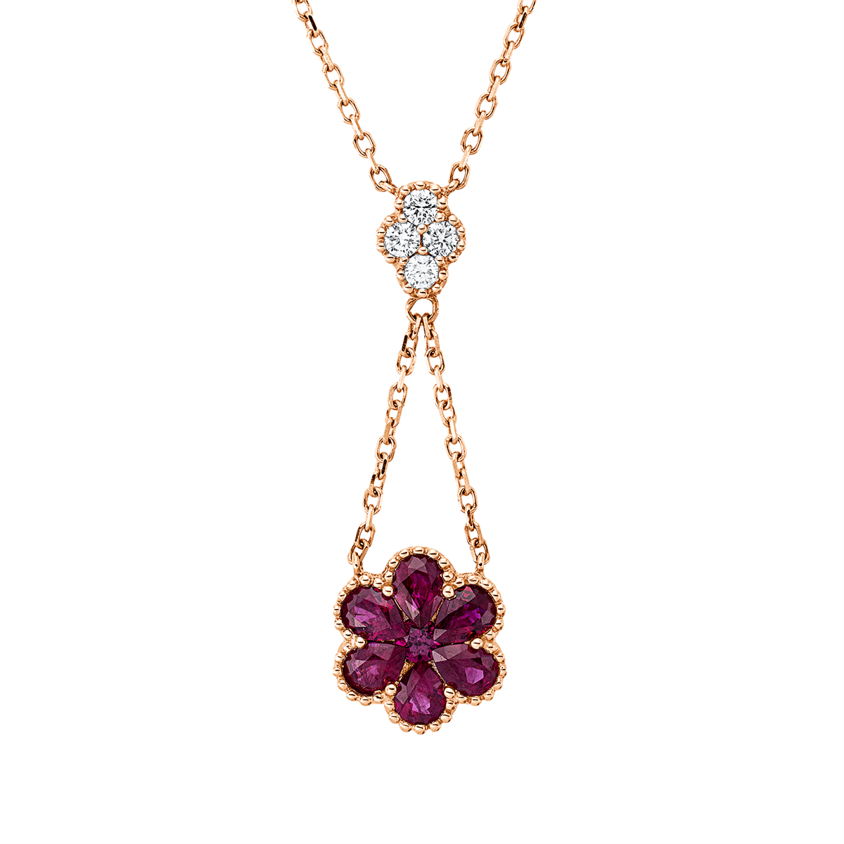 diamond full cut ruby colored stone classic necklace in red gold