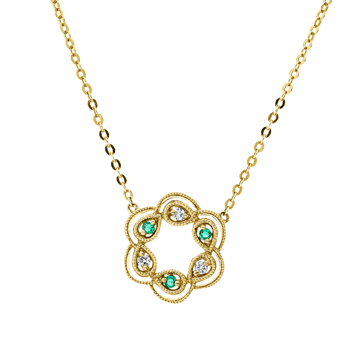 diamond full cut emerald colored stone classic necklace in yellow gold