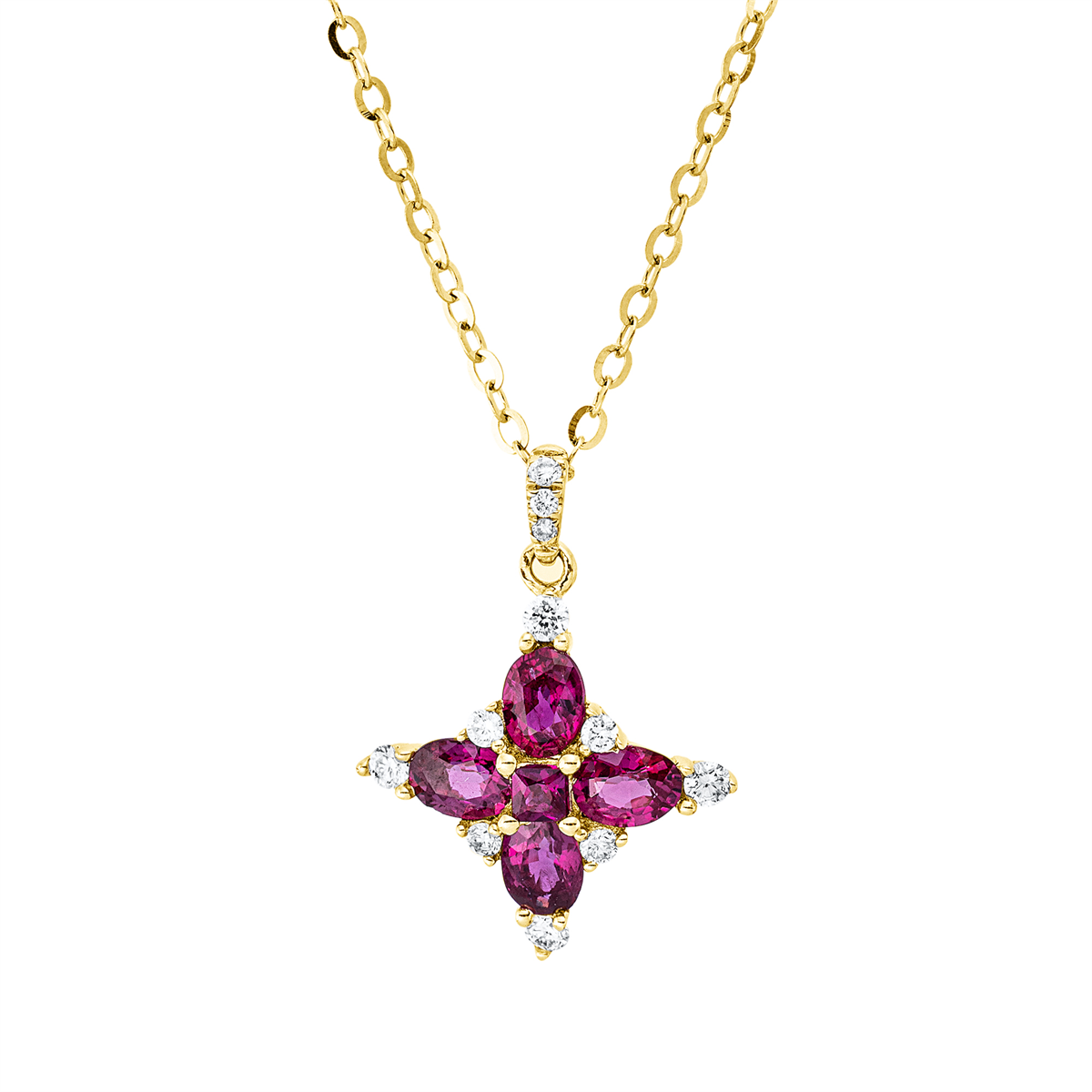 diamond full cut ruby colored stone classic necklace in yellow gold