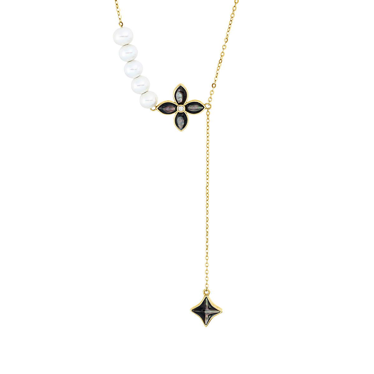 diamond full cut MOP pearl necklace in yellow gold