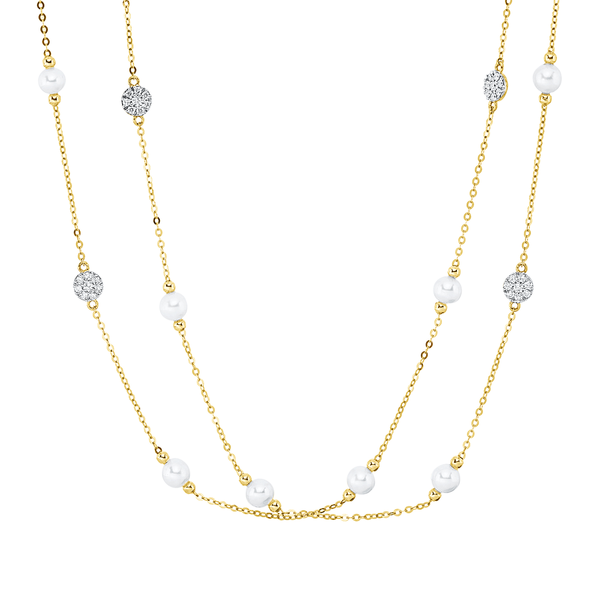 diamond full cut  pearl necklace in yellow gold