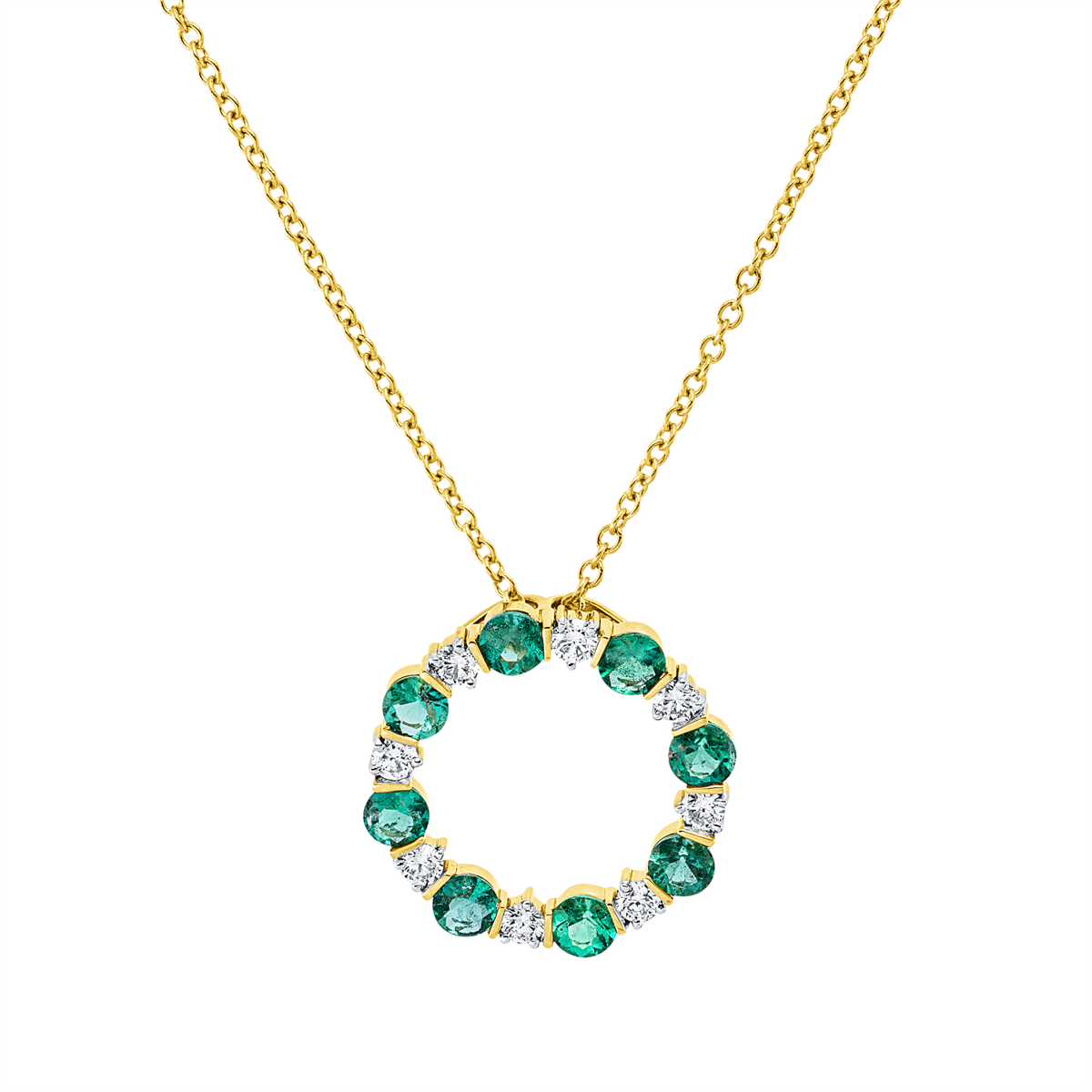 diamond full cut emerald colored stone classic necklace in yellow gold