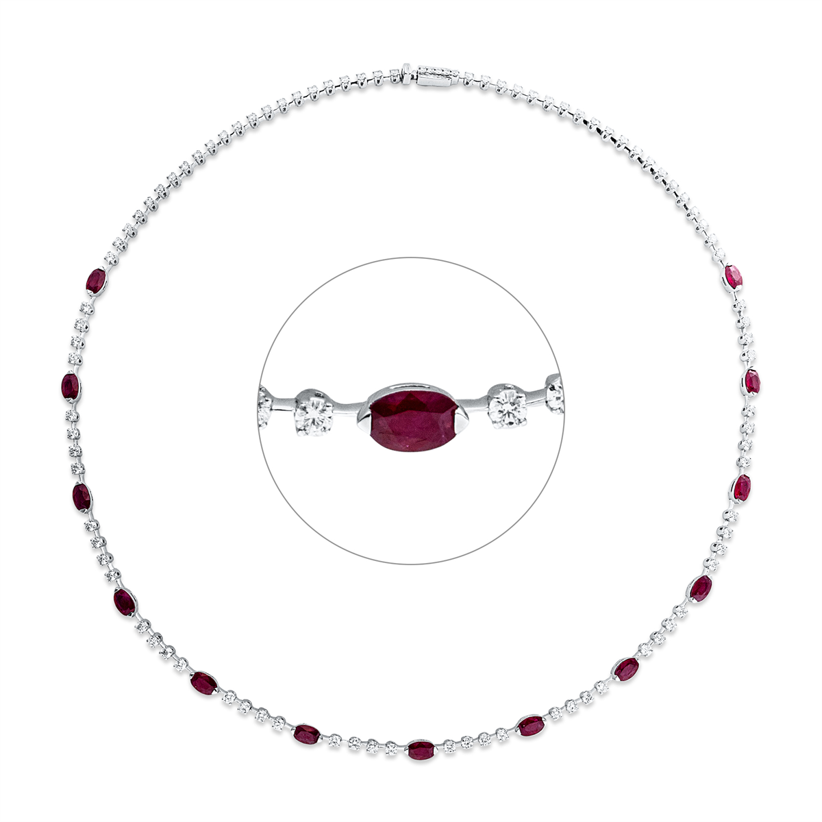 diamond full cut ruby colored stone classic necklace in white gold