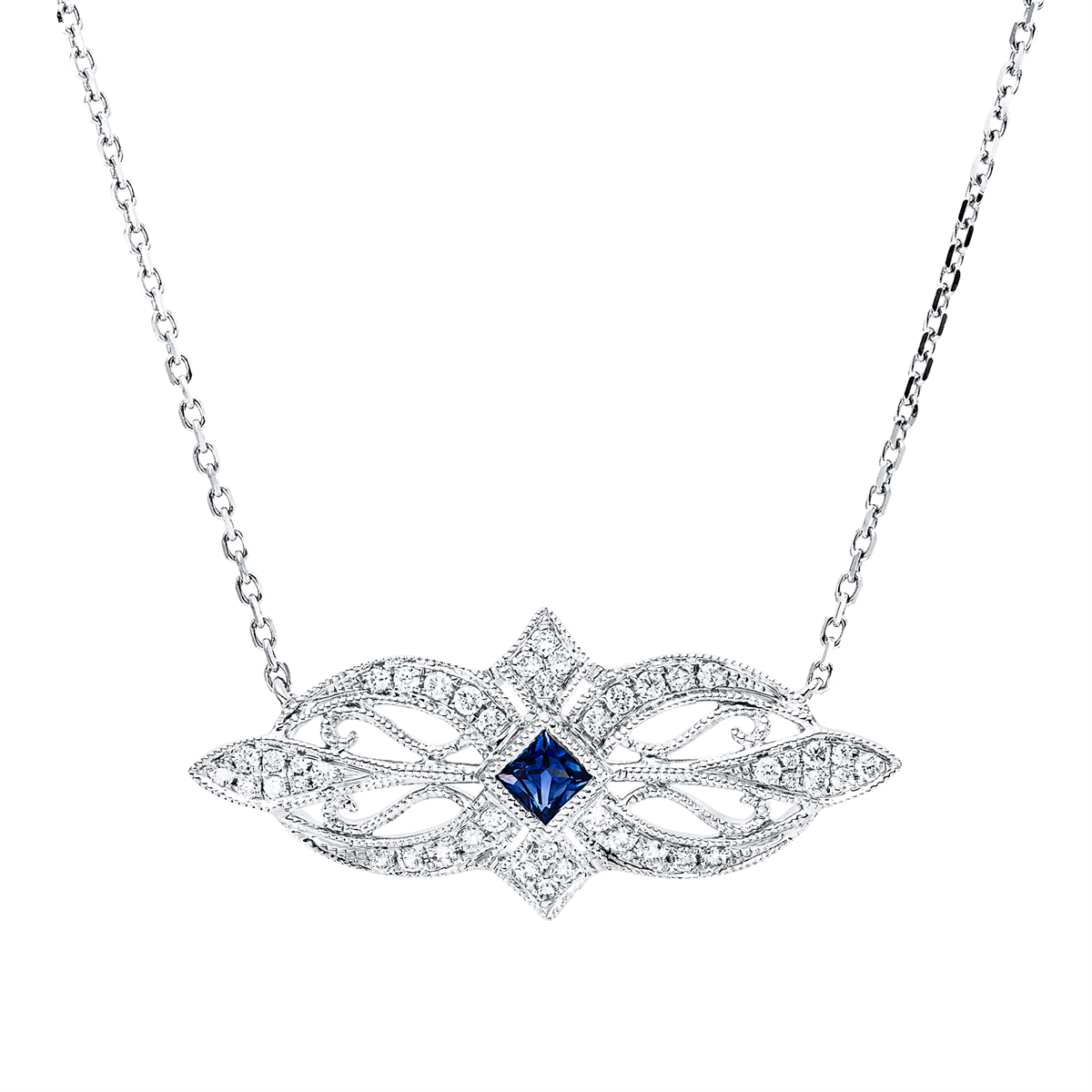 diamond full cut sapphire colored stone classic necklace in white gold