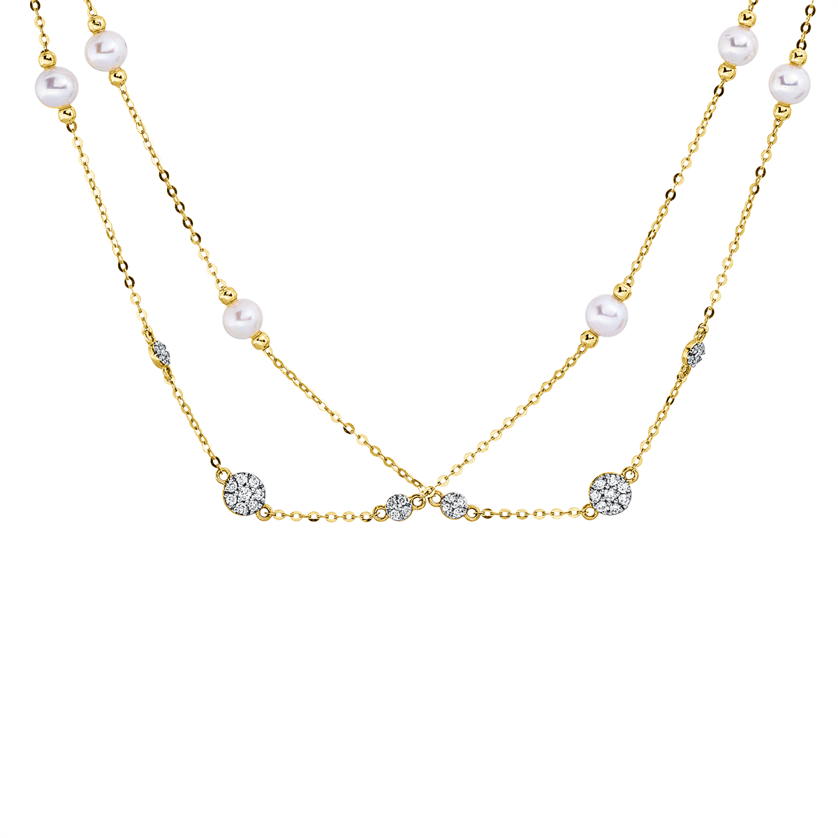 diamond full cut  pearl necklace in yellow gold