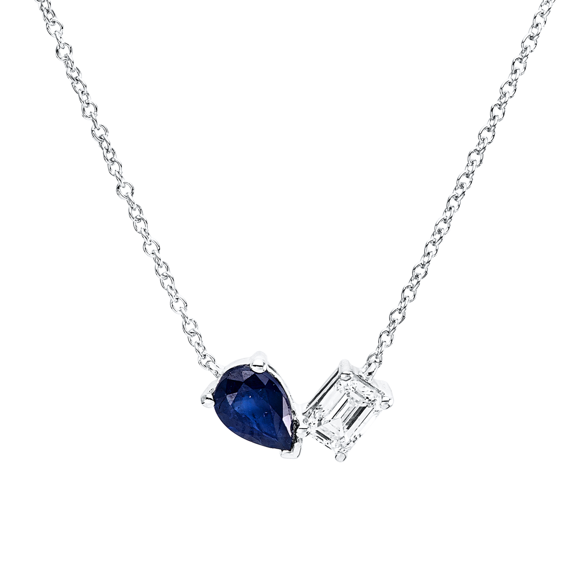 emerald cut sapphire colored stone classic necklace in white gold