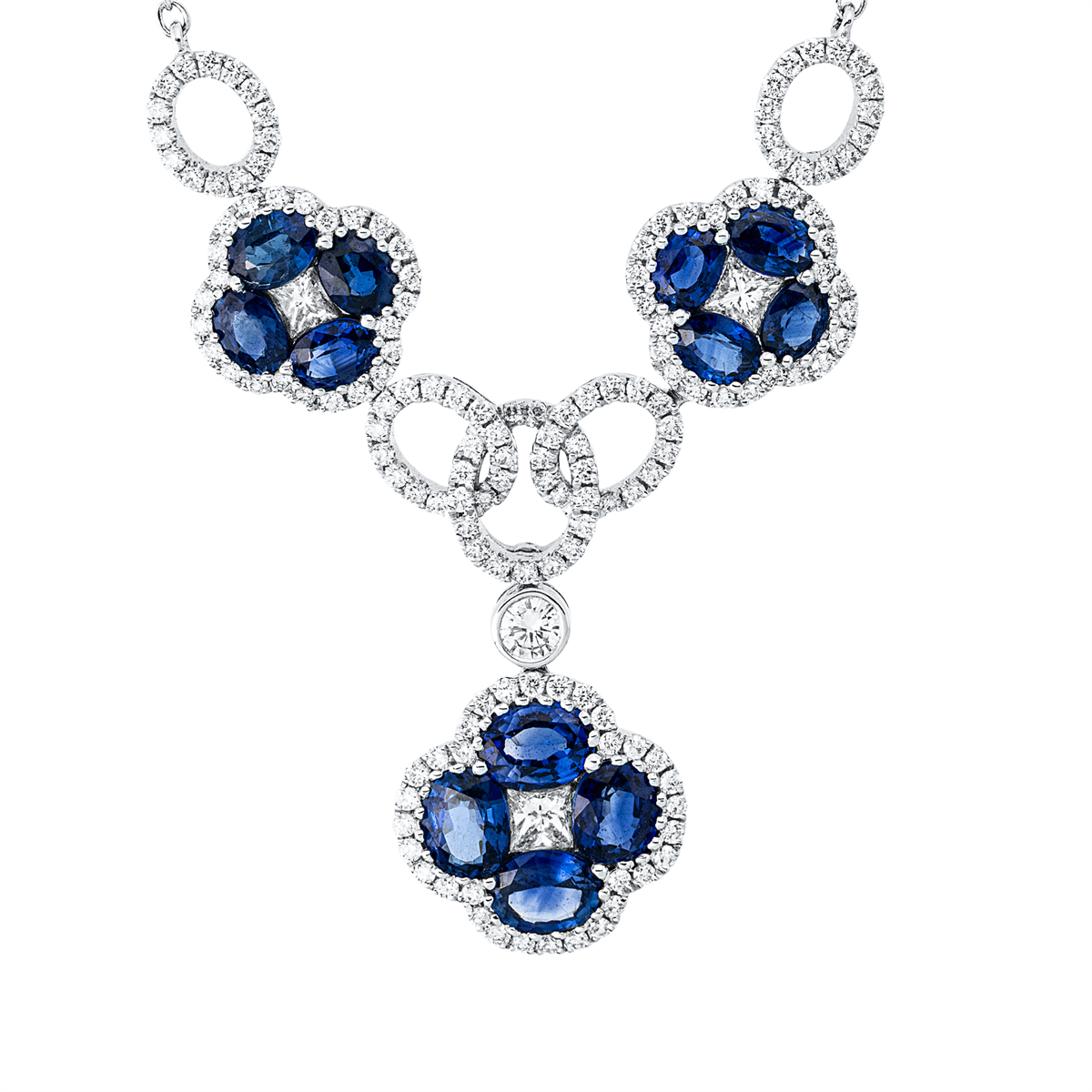diamond full cut sapphire colored stone classic necklace in white gold