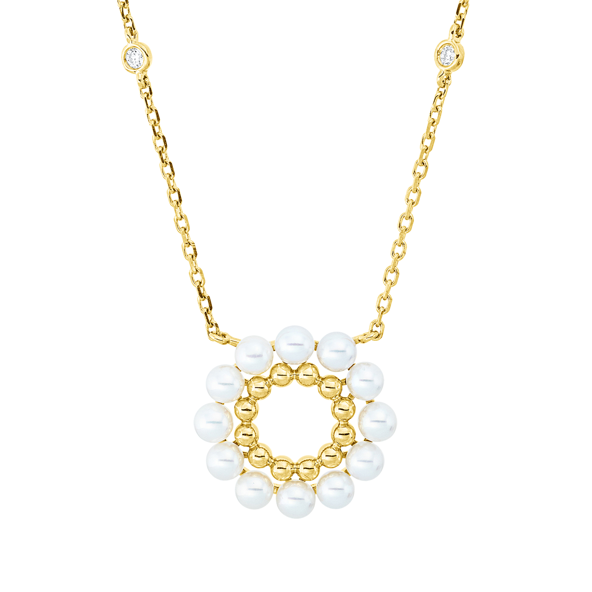 diamond full cut  pearl necklace in yellow gold