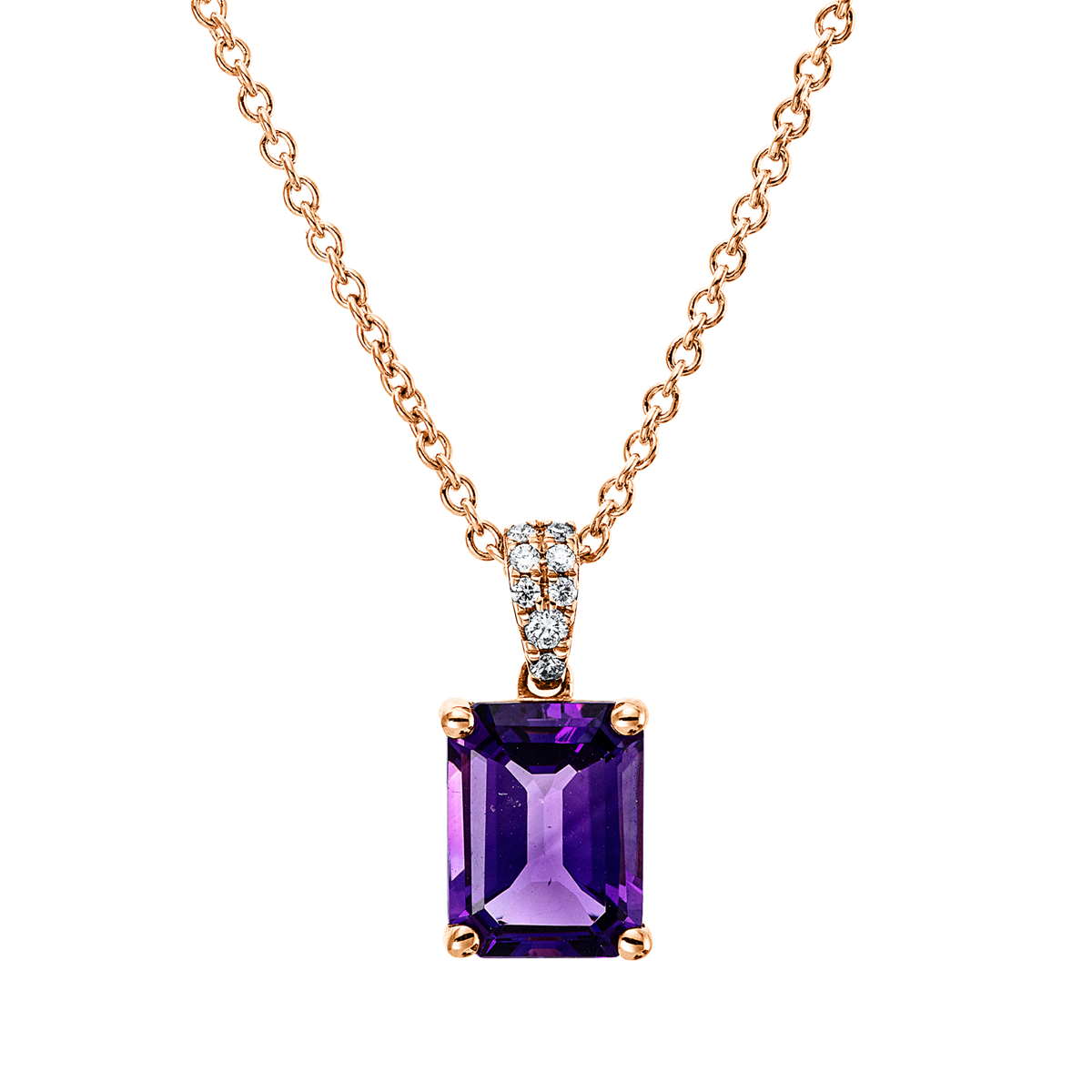 diamond full cut amethyst colored stone fashion necklace in red gold