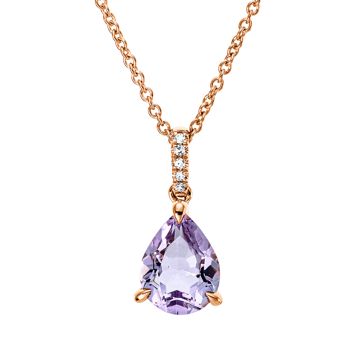 diamond single cut amethyst colored stone fashion necklace in red gold