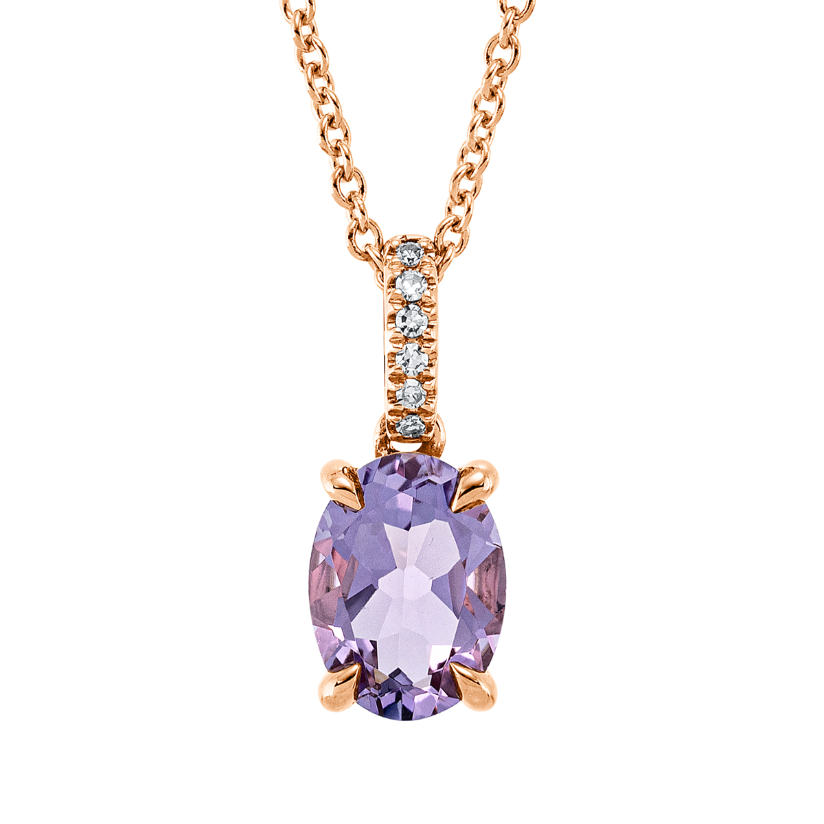 diamond single cut amethyst colored stone fashion necklace in red gold